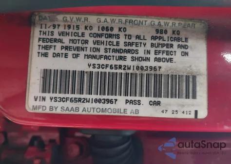 1998 Saab 9000 Cse z USA, uszkodzony, nr VIN YS3CF65R2W1003967